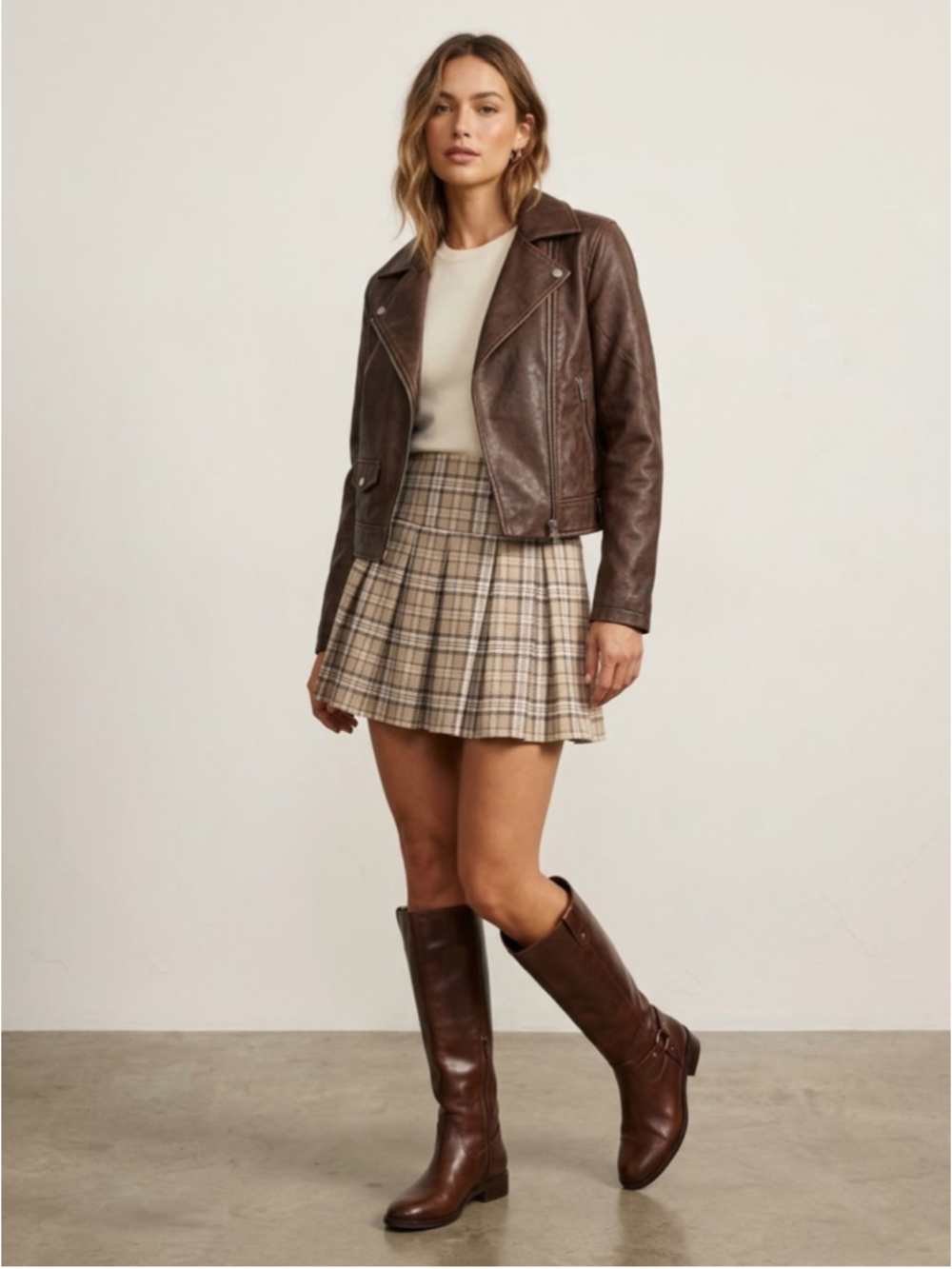 Women's Plaid Skater Skirt, Size S, Beige and Black